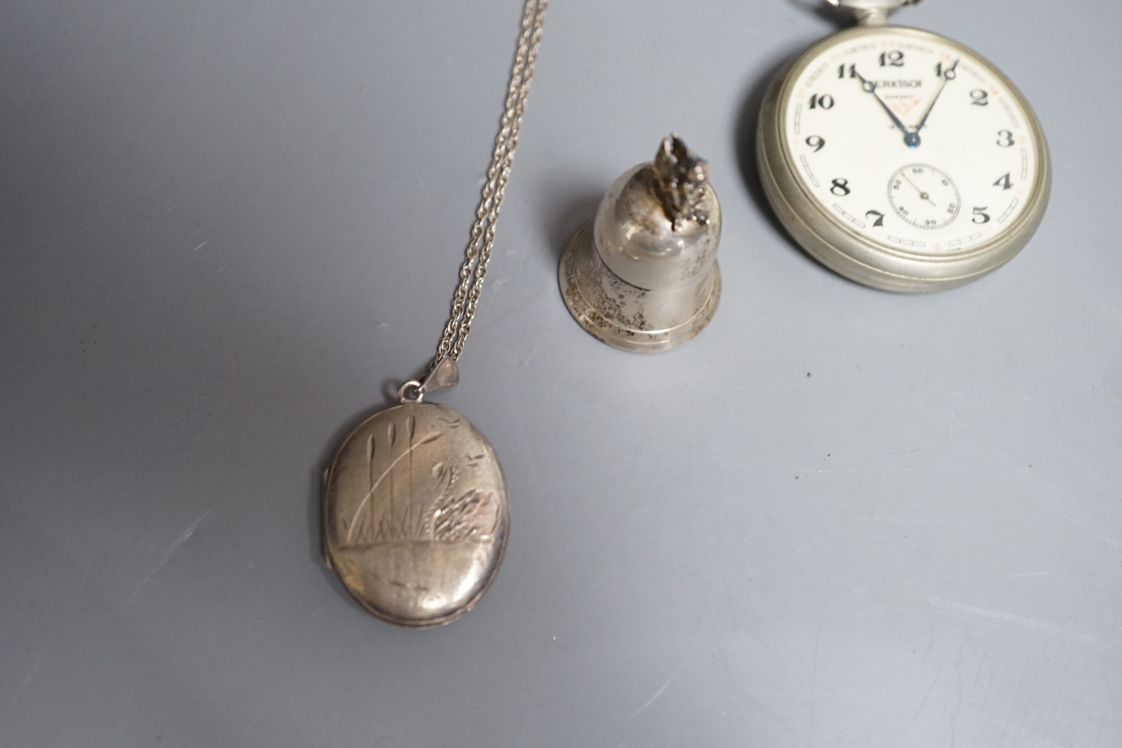A Serkisof (Russian) pocket watch, two small silver items and a plated Recipe of Love spoon